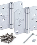 Front view of satin self-closing door hinge set, 3-pack, with mounting screws and hex wrench.