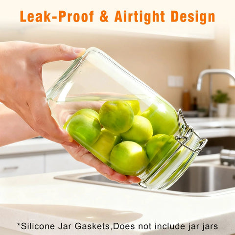 Angled view of a glass mason jar with a metal clamp lid held above a kitchen counter, filled with green apples