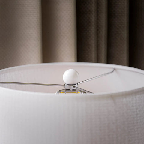 Top view of Bright White Ceramic Table Lamp With Bubble Pattern, 13.5 Inch Drum Shade, Modern Living Room Light.