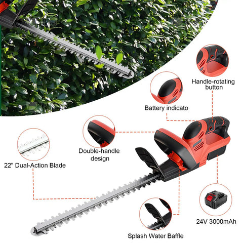 22 Inch Cordless Hedge Trimmer With Double-Action Blade, 24V Battery-Powered Yard Pruner with dual-handle design and 24V battery