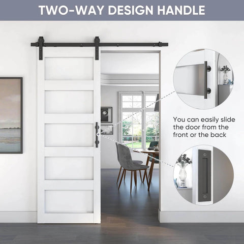 Sliding Glass Barn Door 30x84 Inches With 5 Ft Hardware Kit And Handle Included, 5-Panel Frosted Glass, installed view.