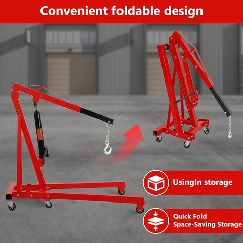 2 Ton Cherry Picker Engine Hoist Heavy Duty Folding Hydraulic Crane With 6 Casters And Lever For Auto Repair Garage