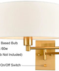 Gold Plug In Wall Sconces Set Of Two With Brass Swing Arm Lamps, white linen drum shade, on off switch, E26 bulb base