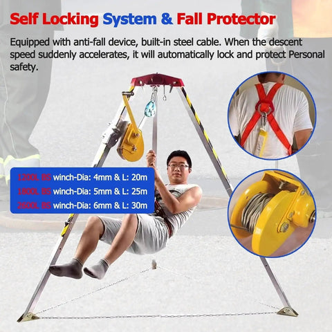 Built Tough Heavy Duty Confined Space Rescue Tripod Rig With 1200 Pound Winch Setup For Industrial Jobs Underground Tight Quarters And Emergency Fall Safety Gear