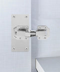 Hampplies hydraulic cabinet hinge set 2-piece installed on light cabinet door with chrome finish and mounting screws.