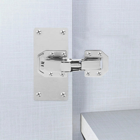 Hampplies hydraulic cabinet hinge set 2-piece installed on light cabinet door with chrome finish and mounting screws.