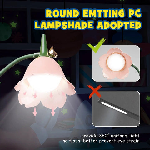 Rechargeable Kids Desk Lamp With 360 Degree Flexible Gooseneck Eye Care LED Light Touch Control Dimmer Three Brightness Levels Pen Holder Flower Design Pink Room Decor Gift Box Included with flower lampshade.