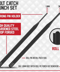 Bolt catch punch set with strong pin holder, high quality hardened steel drop forged, showing 1.8mm and 3mm pin sizes.