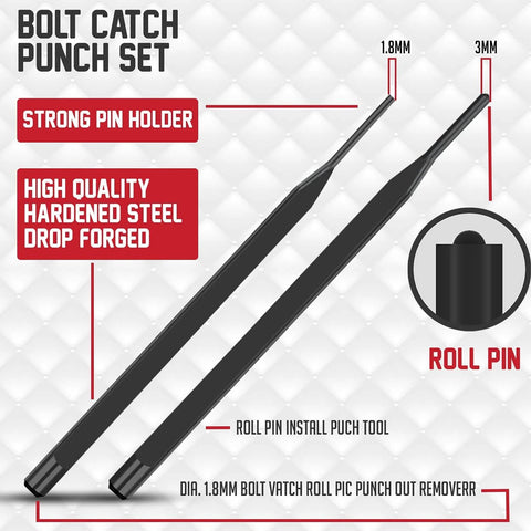 Bolt catch punch set with strong pin holder, high quality hardened steel drop forged, showing 1.8mm and 3mm pin sizes.