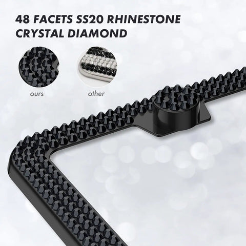 Close-up of Bling Crystal License Plate Frame With Rhinestone Diamonds, showcasing black finish and diamond detail