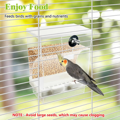 Real Deal Automatic Bird Feeder With Super Slick Waste Catcher And Split Bowl Design For Cockatiel Parrot And Parakeet Cage Accessories Totally Hassle Free Setup Two Pack, shown with cockatiel feeding.