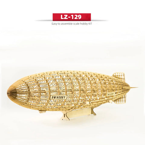 1:453 Scale D LZ129 Airship Wooden DIY Model Kit on stand, 540mm length, precision-cut wood, side view.