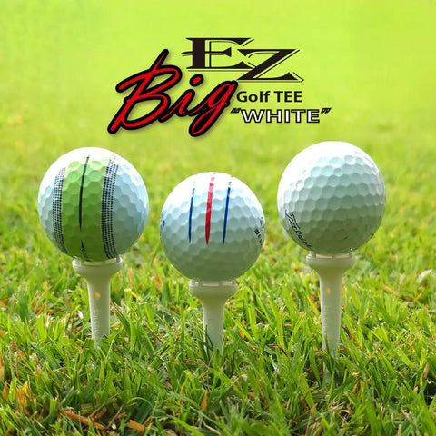 Big Easy White Golf Tees Set With 0.75 Inch Big Head 3.25 Inch Adjustable Height 6 Prong Low Friction Design Pro Grade Reinforced Break Resistant Construction Silicone Stoppers 12 Tees And 12 Stoppers Game Ready, three golf balls on tees in grass