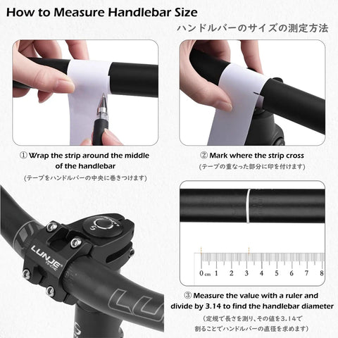 Guide on measuring handlebar size with paper and ruler, featuring the Short 45mm MTB Bike Stem for 25.4 and 31.8 Clamp.