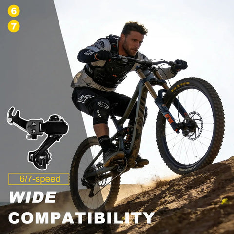 Cyclist on mountain bike with Rear Derailleur RD-TZ31A Six To Seven Speed Hanger Mount for Mountain Tricycle and Commuter Bikes.