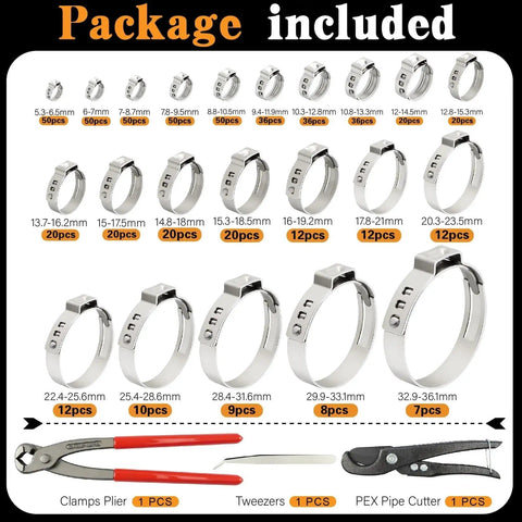 560 Piece Single Ear Hose Clamps Kit Pro Grade Stepless 22 Size From 5.3 mm To 36.1 mm 304 Stainless Steel Clamps With Pliers And PEX Pipe Cutter