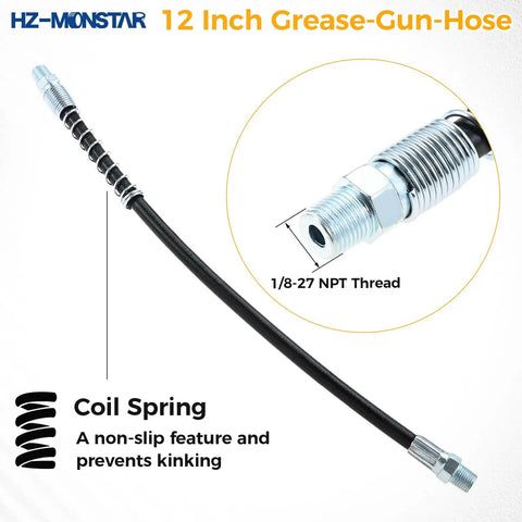 Grease Gun Accessory Kit With 90 Degree Coupler One Eighth Inch Fittings Needle Nozzles Sleeves And A 12 Inch Hose For Tight Spots