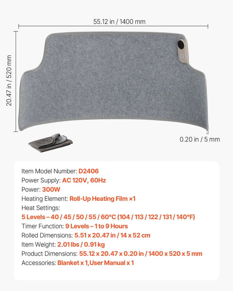 Under Desk Rollable Foot Warmer Pad With Remote, Cozy Yet Powerful, dimensions 1400x520 mm, 300W, heating film visible.