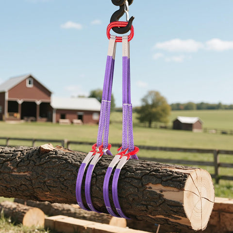 Two Pack Two Leg Lifting Slings With Hooks, 4400 Lb Capacity Heavy Duty Polyester Rigging Straps holding log in rural setting