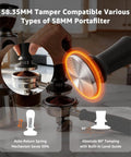 Heavyweight Black Fifty Eight Millimeter Espresso Tamper locks tight to any standard portafilter, showcasing a calibrated design for optimal brewing.