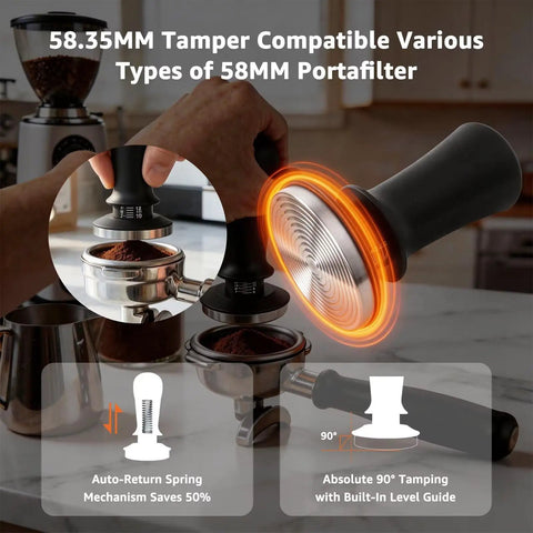 Heavyweight Black Fifty Eight Millimeter Espresso Tamper locks tight to any standard portafilter, showcasing a calibrated design for optimal brewing.