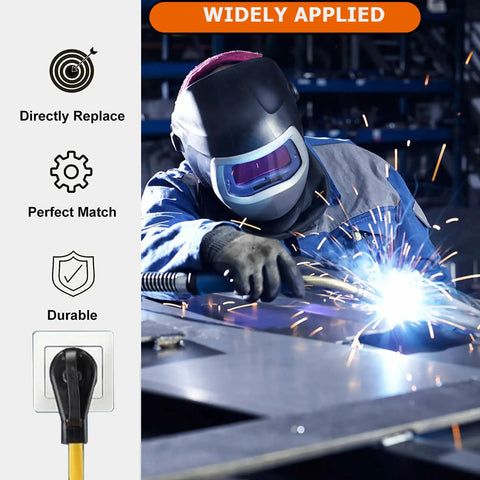 Welder using NEMA 10-30P To 6-50R Welding Machine Adapter Cable for welding, showing connection and blue sparks.