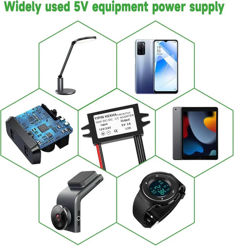 10-32V DC To 5V USB Buck Converter Module surrounded by compatible 5V gadgets like phones, tablets, and cameras
