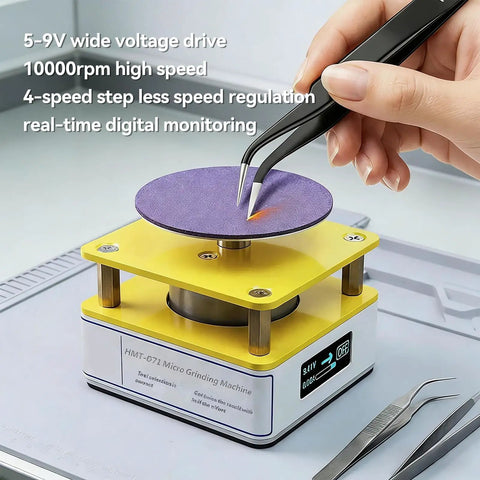 Pro Tier Mini Grinding Machine Featuring Digital Display And 10000 Rpm Speed for polishing tweezers on a purple grinding disk.