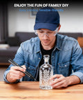 Man using Mini Cordless Rotary Tool Kit With 35 Accessories And Brushless Motor, 38000 RPM, 6 Speed Digital Display for engraving a bottle.