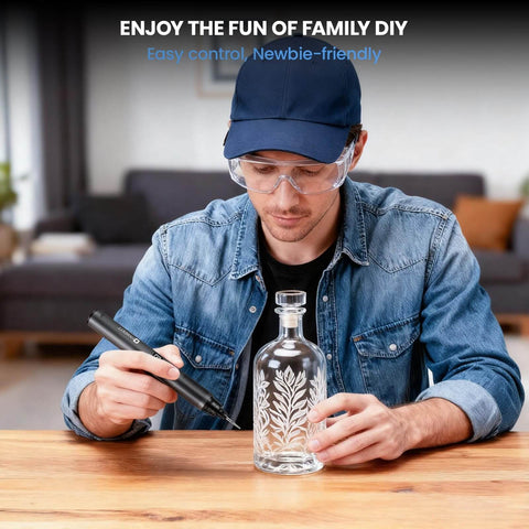 Man using Mini Cordless Rotary Tool Kit With 35 Accessories And Brushless Motor, 38000 RPM, 6 Speed Digital Display for engraving a bottle.