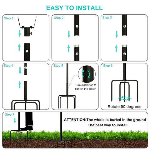 Installation steps for Two Pack 11 Foot Rust Proof Steel String Light Poles with Heavy Duty Stands and Five Prong Stabilizers.