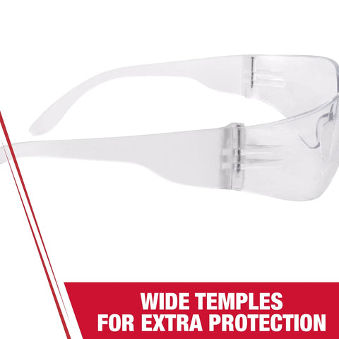 Crystal Clear Wraparound Safety Glasses With Scratch-Resistant Lenses, Ultra Lightweight Under 1 Ounce, side view showing wide temples.