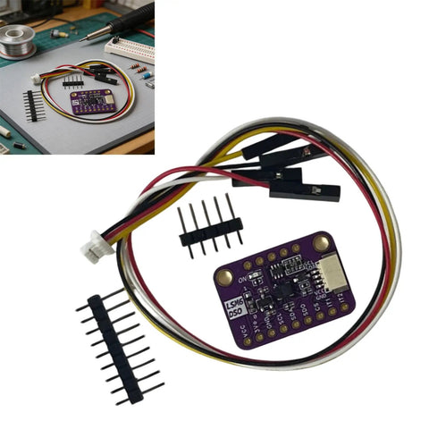 Dope 6DoF IMU Module With Accelerometer And Gyroscope For Wearables And Motion Sensing, Real Time Vibration Analysis, Tap Wake Up Detection, I2C SPI And I3C Interfaces, Tiny Yet Mighty Sensor Board For Projects. Purple IMU board with jumper wires and pins