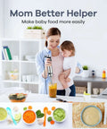 Mother using Powerful 1000W 5 In 1 Immersion Blender With 16 Speed Settings in kitchen to make baby food puree