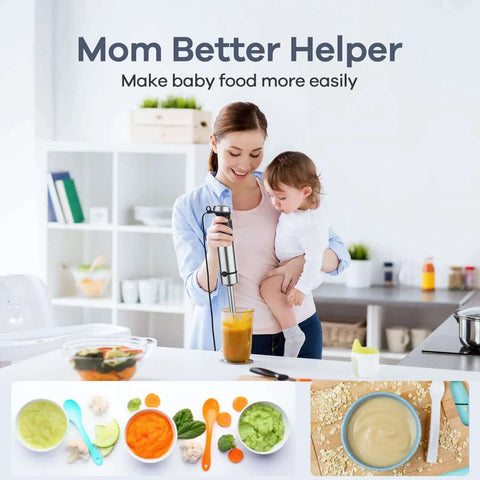 Mother using Powerful 1000W 5 In 1 Immersion Blender With 16 Speed Settings in kitchen to make baby food puree