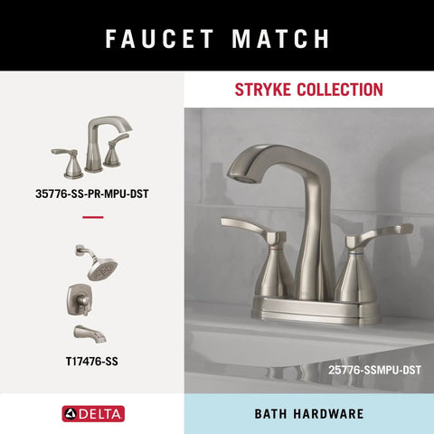 Delta Stryke Collection faucet set with bath hardware, including showerhead and tub faucet, shown in stainless finish.