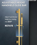 Adjustable height handheld slide bar for shower, gold finish, allows height adjustment up to 22.5 inches.