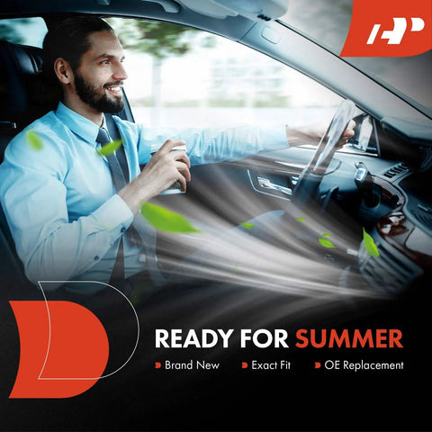 Man driving a car enjoying cool air with plants swirling, featuring No Sweat AC Expansion Valve Straight Swap Direct Fit For Hyundai Ioniq And Kia Niro EV 2017 To 2020.