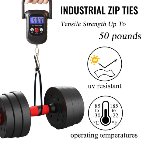 Heavy Duty 12 Inch Zip Ties 1000 Pack Black Self Locking Nylon Cable Ties For Indoor And Outdoor Use Up To 50 Lb Tensile Strength UV Resistant 0.19 Inch Wide Weatherproof Ties For Home Garage And Workshop supporting a 50 lb weight