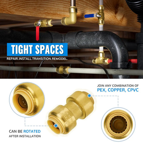 Half Inch Push To Connect Plumbing Coupling For Pex Pipe Copper And CPVC No Lead Brass Fitting Pack Of 25 With Disconnect Clip Easy Install For Hydronic And Drinking Water Systems