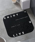 Hair Stopper Shower Drain Strainers Silicone Adjustable, A on a wet floor mat with motivational text, square shape, black color.