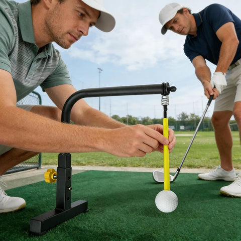 Swing Training Aid For Golfers With Adjustable Height Practice Stand Makes Your Swing Smoother And More On Point Builds Muscle Memory And Consistency Outdoors In The Yard Garden For Real World Game Improvement being adjusted and used by golfers on a practice field