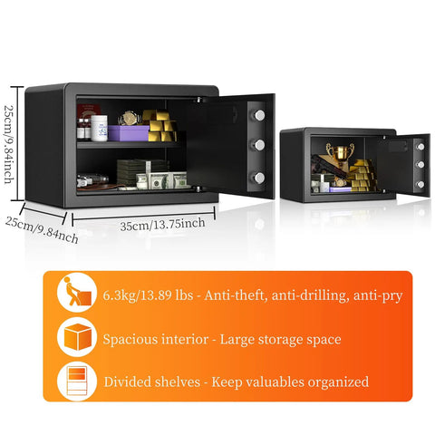 Fireproof Home Safe Box 1.2 Cu Ft With Digital Keypad And Safety Key Lock Type C Port Smart Alarm System open with shelves