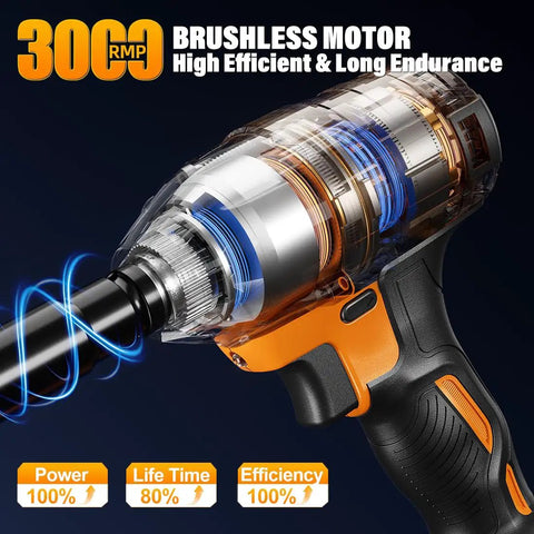 Transparent view of Cordless Impact Wrench Half Inch Drive With Brushless Motor, 20V, displaying 3000 RPM performance details.