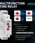 Industrial Delay Timer Relay 16A On Off Control For AC DC 12-240V With Ten Modes and DIN Rail Mount details shown.