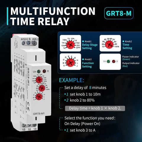 Industrial Delay Timer Relay 16A On Off Control For AC DC 12-240V With Ten Modes and DIN Rail Mount details shown.