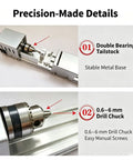 Pro Mini Wood Lathe With 7-Speed Adjustable Control Ranging From 2000 To 8000 RPM showing double bearing tailstock and metal drill chuck.