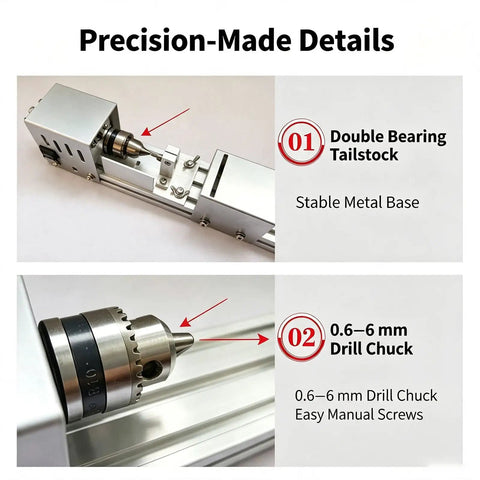 Pro Mini Wood Lathe With 7-Speed Adjustable Control Ranging From 2000 To 8000 RPM showing double bearing tailstock and metal drill chuck.