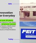 Feit Electric innovation history, 1978 vintage storefront and modern corporate headquarters, highlighting 45 years of American ownership.