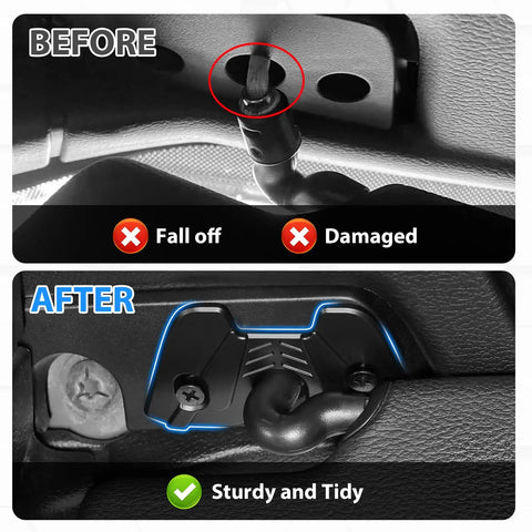Jeep Sun Visor Repair Kit With Zinc Alloy Clips for 2018 JK, 2018 to 2023 JL, showing before and after installation results.